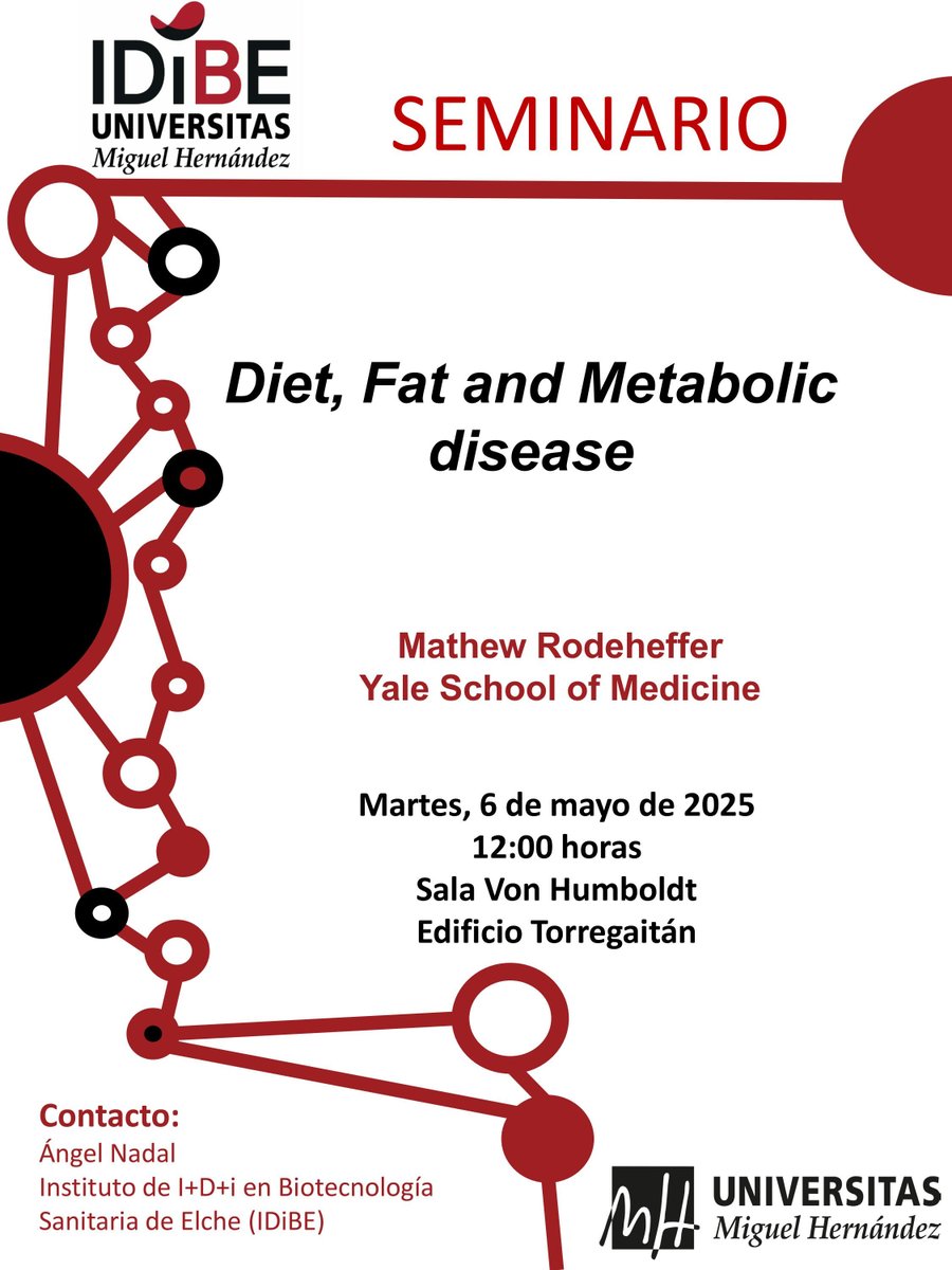 mbiotingUMH's tweet image. Mañana martes, 6 de mayo, a partir de las 12:00 en la Sala Van Humboldt del edificio Torregaitán, tendrá lugar el seminario “Diet, Fat and Metabolic disease”. La sesión correrá a cargo de Mathew Rodeheffer