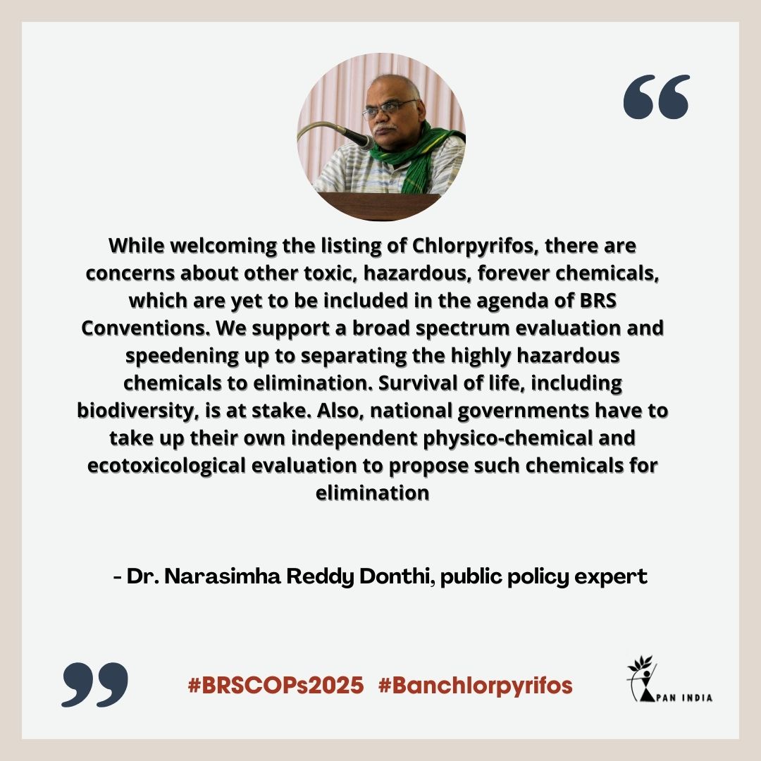 It’s time for the elimination of Chlorpyrifos. Countries have decided to eliminate Chlorpyrifos, under the Stockholm Convention on persistent organic pollutants, marking a crucial step towards a safer future.
Read our press release : pan-india.org/pan-india-welc…
#BRSCOP2025