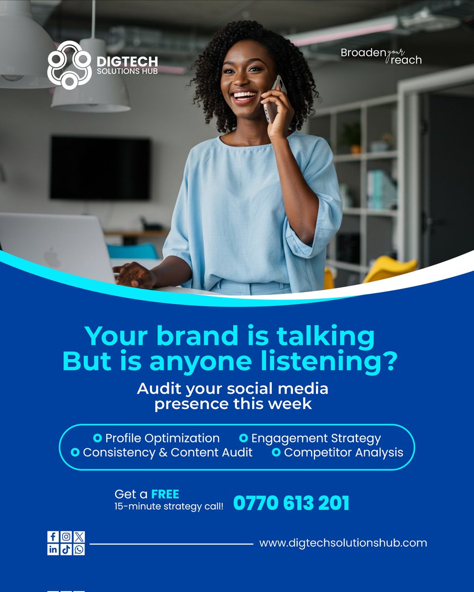 Audit your social media presence this week.

📌 Profile optimization 
📌 Engagement strategy 
📌 Consistency 
📌 Content audit
📌 Competitor analysis 

Get a FREE 15-minute strategy call this week
+256770613201

#SocialMediaMarketing
#GraphicDesigning
#WebsiteDesigning
#Branding