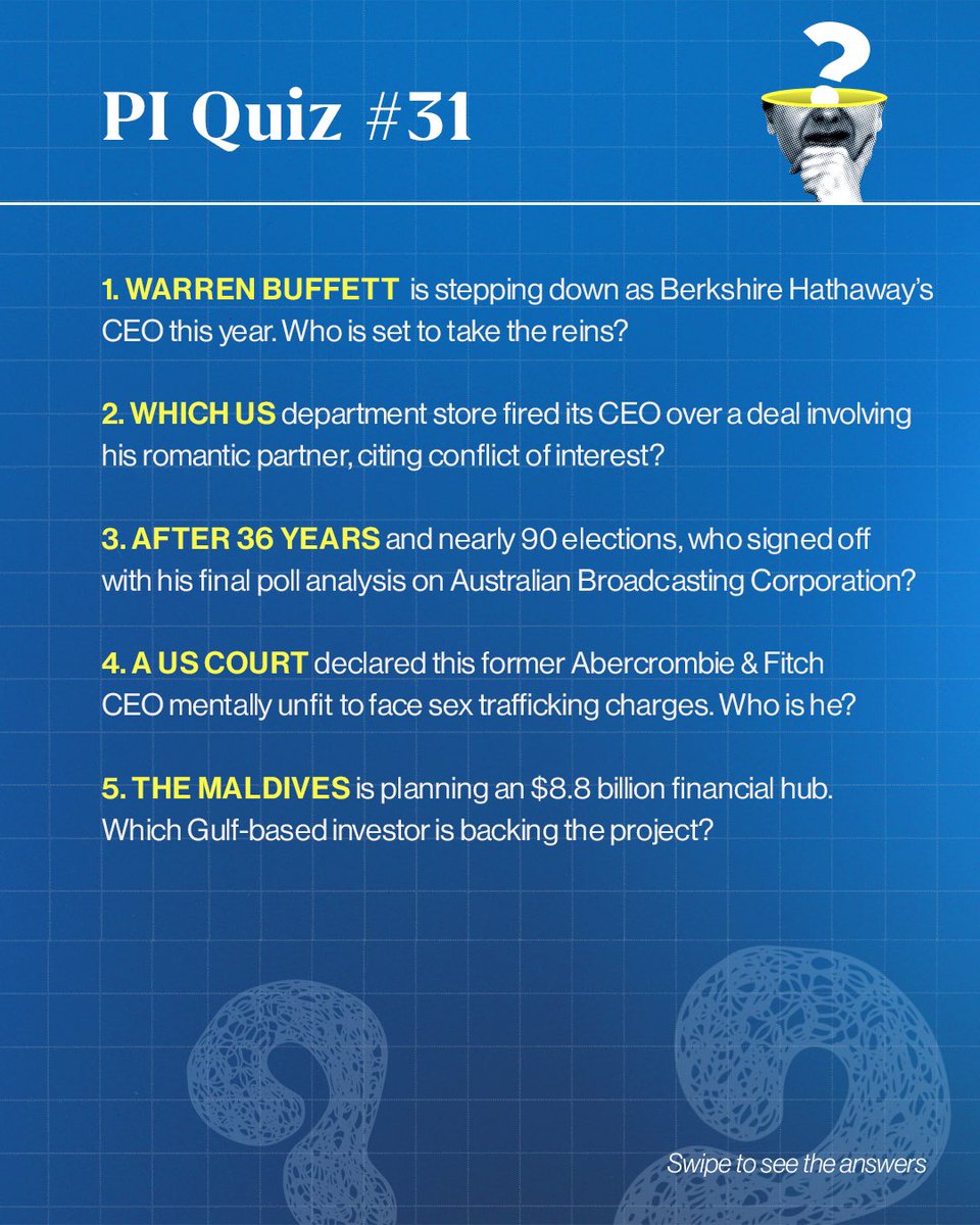 _PressInsider_'s tweet image. #PIQuiz | From Buffett’s next-in-line to scandalous exits and billion-dollar visions, the week’s headlines were anything but quiet. Let’s see how closely you were watching.