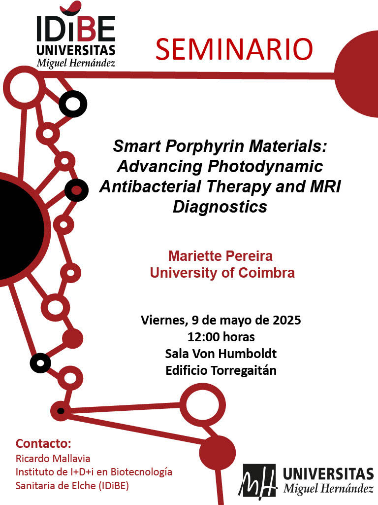 mbiotingUMH's tweet image. El próximo viernes, 9 de mayo, a partir de las 12:00 en la Sala Von Humboldt, tendrá lugar el seminario “Smart Porphyrin Materials: Advancing Photodynamic Antibacterial Therapy and MRI Diagnostics”. La sesión correrá a cargo de la Prof. Mariette Pereira.