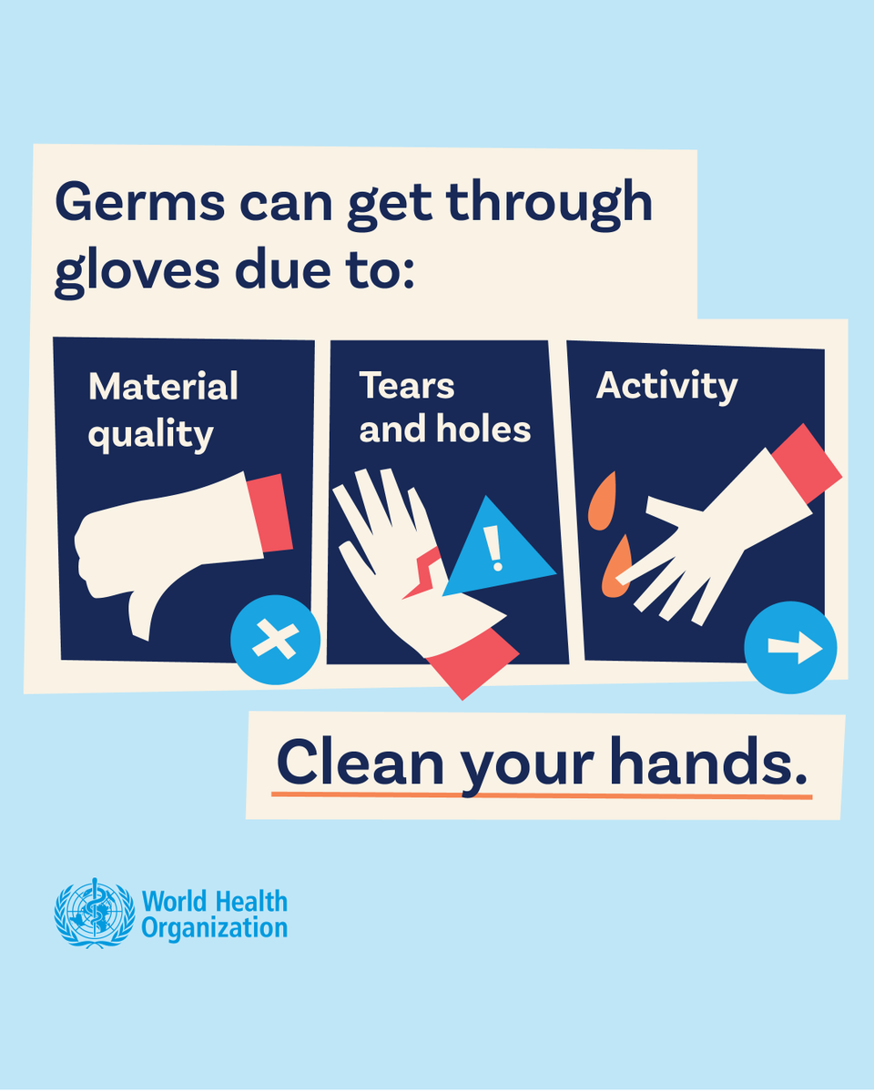WHOSEARO's tweet image. Wearing gloves 🧤 can't guarantee protection.

Germs can slip through due to

❌ material quality
❌ tears and holes
❌ activity

🧼 This #WorldHandHygieneDay, remember cleaning your hands is the best way to protect your patients and yourself.

#InfectionPrevention #HealthWorkers