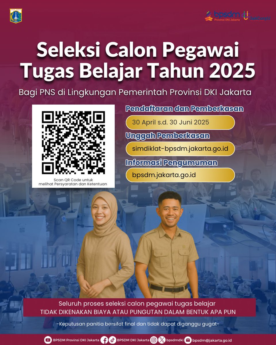 bpsdmdki's tweet photo. Kamu sedang ingin melanjutkan studi ke jenjang magister maupun spesialis? Yuk ikuti Program Tugas Belajar dari BPSDM Provinsi DKI Jakarta. Daftarkan dirimu sekarang dan jangan lewatkan kesempatan emas ini untuk mengembangkan dirimu sebagai PNS
#TugasBelajar #BeasiswaPNS https://t.co/xo3Oy0lqbx