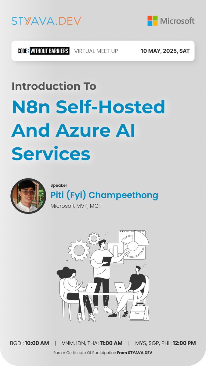 Level up your automation with AI! Join Microsoft MVP Piti on May 10th for n8n Self-Hosted &amp; Azure AI intro. Learn to build smarter. Sign up now! 🔗 styava.dev/event-detail/5…
 #n8n #AzureAI #Automation #Developers