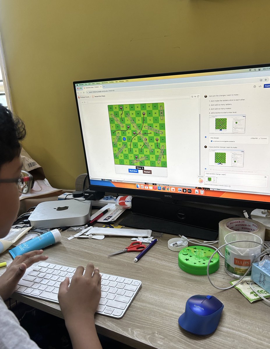 vybhavram's tweet image. My 9 year old loves to vibe code. Today, he built a snake and ladder game. He doesn’t know coding. He just knows what the files do. 

Learning by building - Build, reverse engineer, remix, learn.

@GeminiApp #Firebasestudio @OfficialLoganK