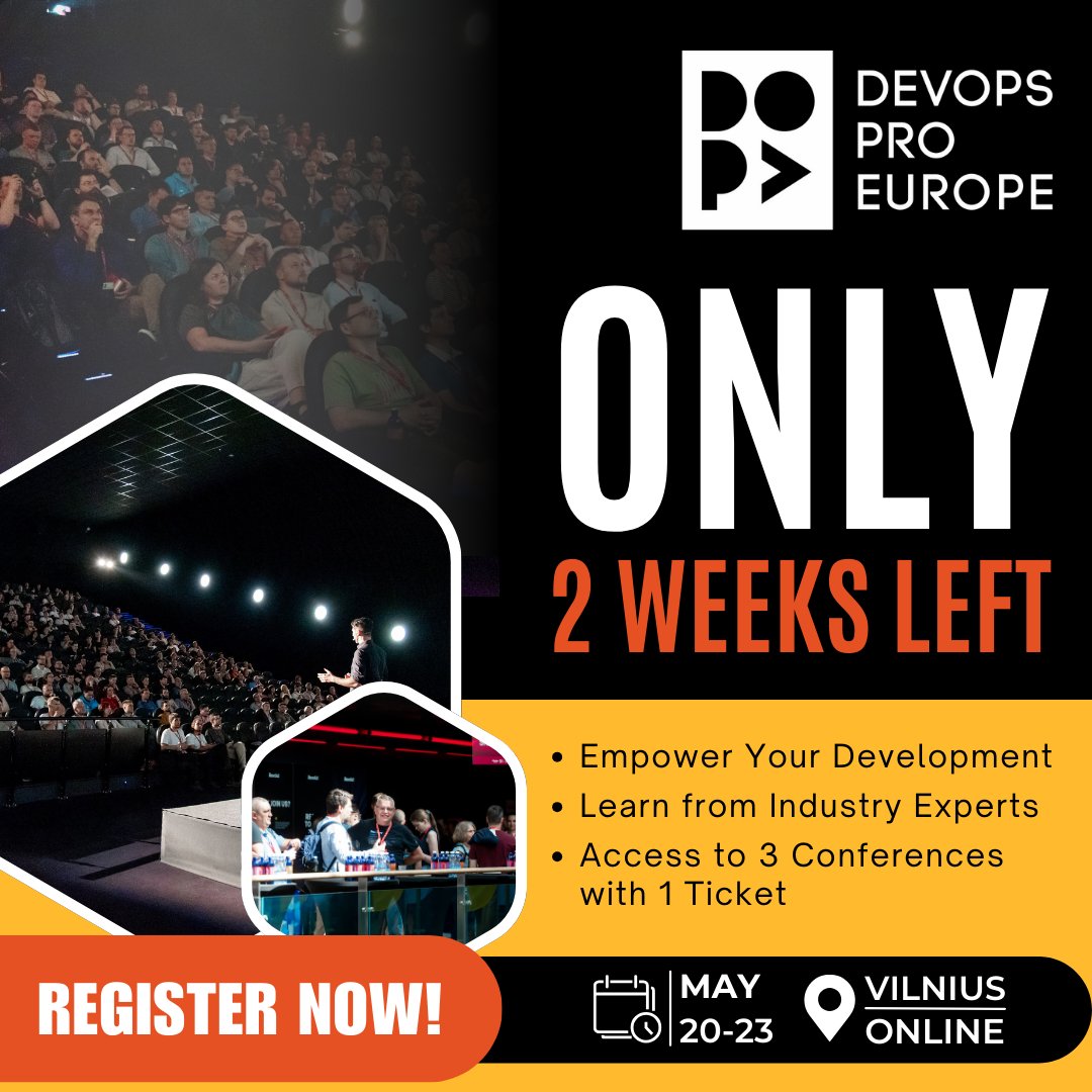 🕒 Tick-tock! Just 2 weeks to go until DevOps Pro Europe 2025! 🕒

🎉 Save 15% with code FINAL15 – the discount is valid until the conference kicks off!

🧠 Big brains
💬 Great talks
 💡 Fresh tech inspiration

🎟️ Grab your spot: devopspro.lt