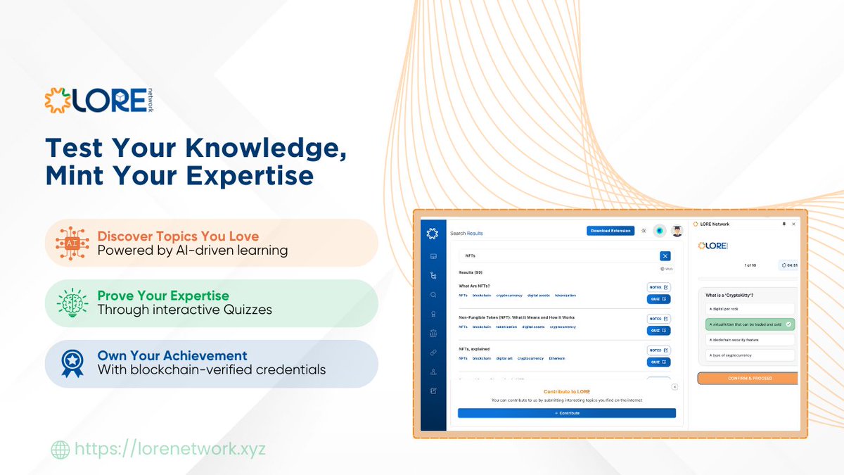 🎯 Dive into Web3 Learning with LORE Search! 

📷 📷Take interactive quizzes directly in the side panel. 

📷Mint blockchain-verified credentials to showcase your expertise.  

Transform your knowledge into achievements: 

📷 Start Learning:  app.lorenetwork.xyz
📷 Download
