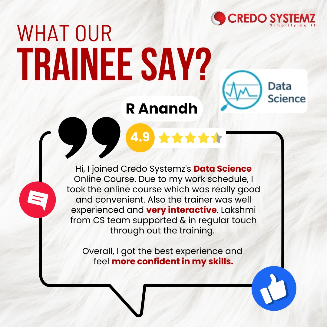 credosystemz's tweet image. Congrats to R Anandh! 🏆

R Anandh has successfully completed his Data Science Training at Credo Systemz. 

Wishing him continued success as he takes his career to new heights! 

#DataScienceTraining #SuccessStory #CareerGrowth #Chennai