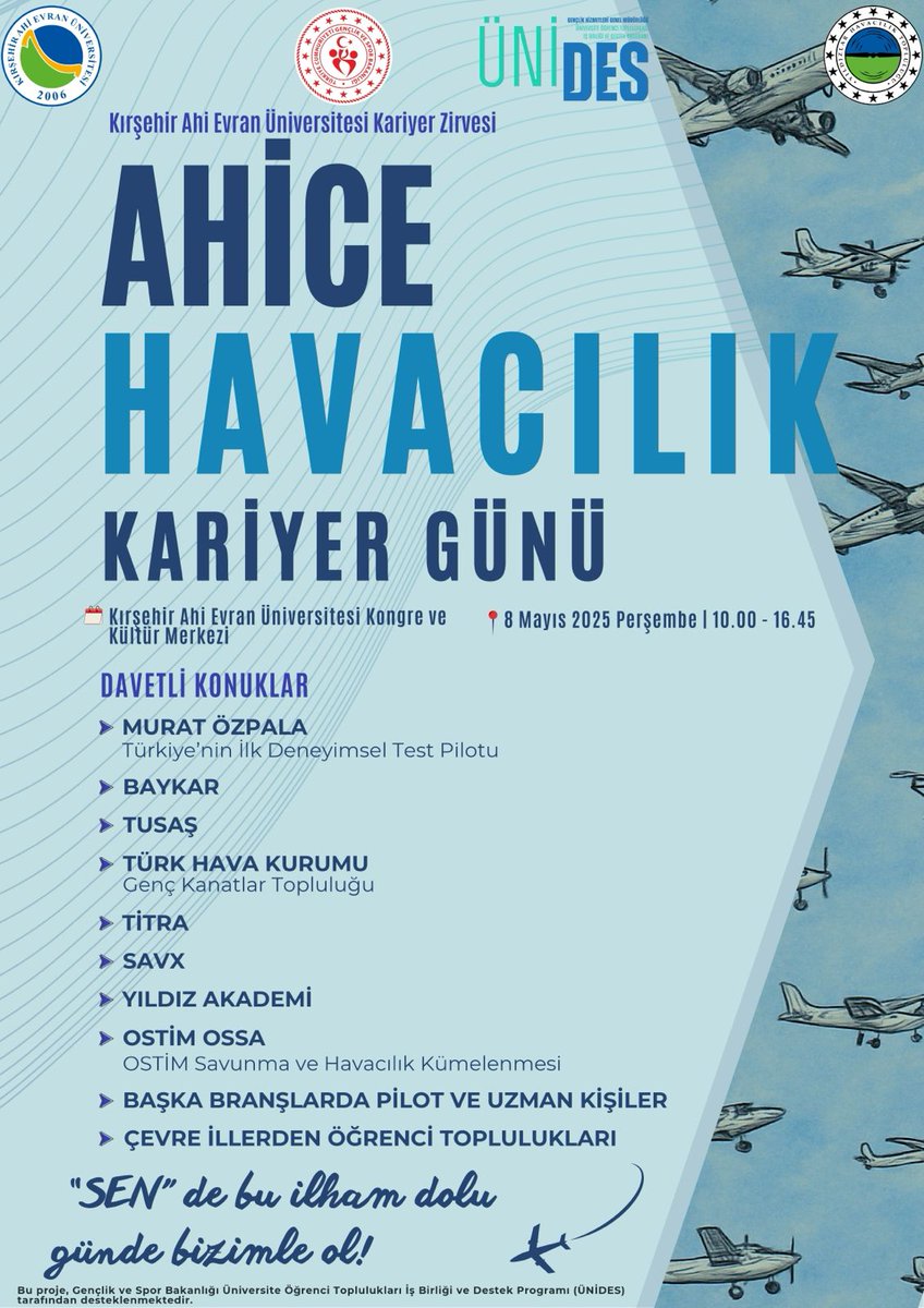 Ahice Havacılık Kariyer Günü ile öğrencilerimizi havacılık sektörünün öncülerinden Türkiye'nin İlk Deneysel Test Pilotu Murat Özpala ile buluşturuyoruz.
Tüm gençlerimizi bu vizyoner etkinliğe davet ediyoruz. Gelecek sizlerden ilham alacak gençler...

#ÜNİDES #Havacılık