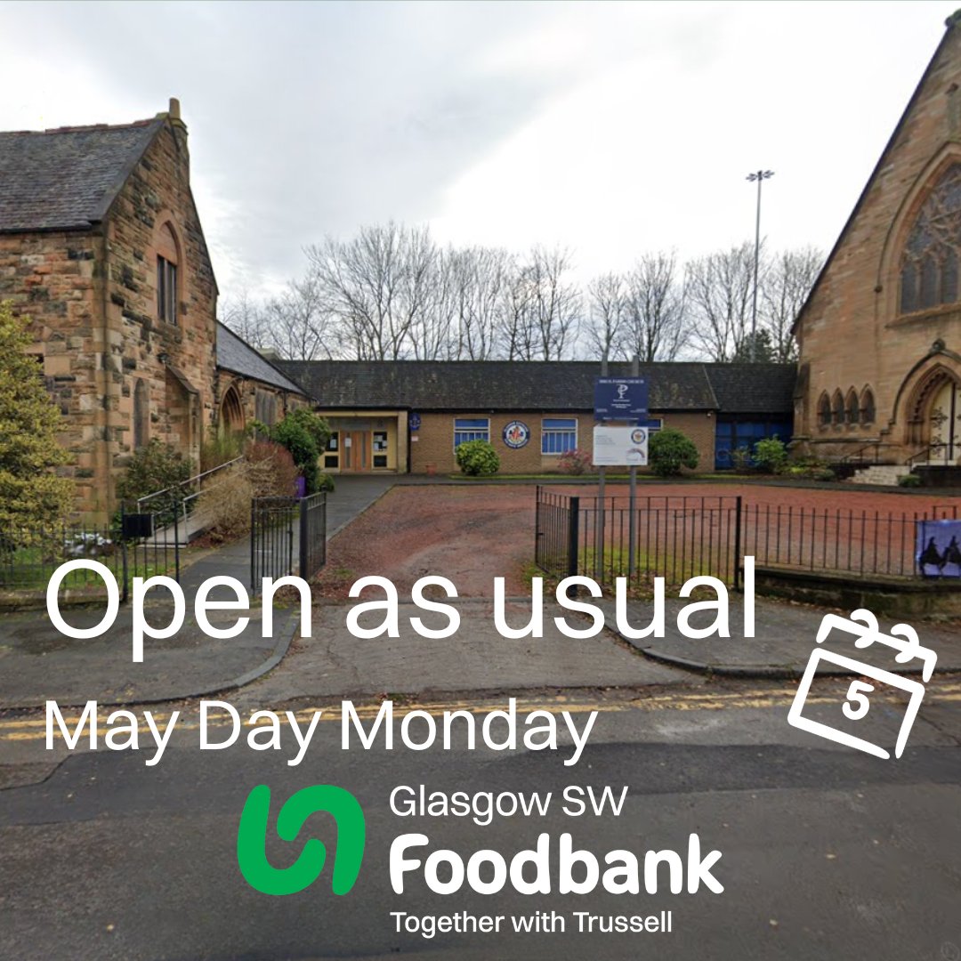 Bank Holiday Monday? We don't know her 🤷‍♀️

It's May Day Monday and our Ibrox Foodbank Centre is open as usual today between 12 noon and 2pm at Ibrox Parish Church.

Please be aware, both First Bus and McGills are running a Sunday service 💚