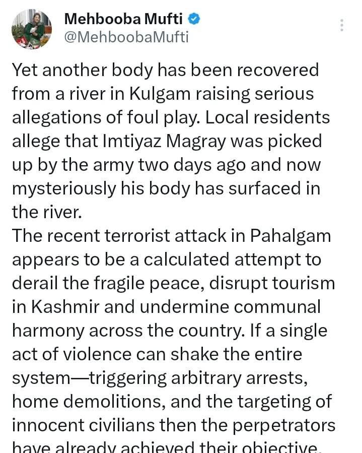 ManishPangotra5's tweet image. #AntiIndia Mehbooba Mufti also comes in defence of OGW (Jihadi) Imtiyaz Ahmed and blames Indian Security forces for his death.....