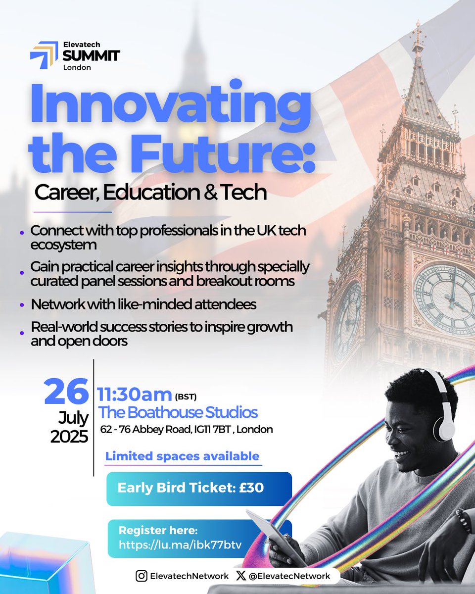 Use the link below or the link in our bio to secure your early bird ticket 🎟️ to the Elevatech Summit London 2025. 

eventbrite.com/e/elevatech-su…