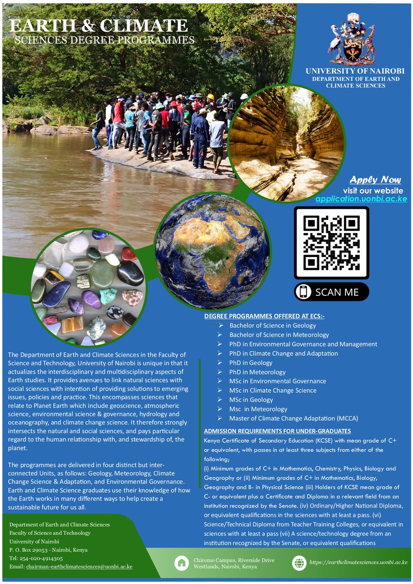 Passionate about the planet?
Apply now to <a href="/uonbi/">University of Nairobi</a> Department of Earth &amp; Climate Sciences and build a career in Meteorology, Geology, Environmental Governance, and more!
application.uonbi.ac.ke
#StudyUoN #EarthSciences #ClimateAction #weareUoN