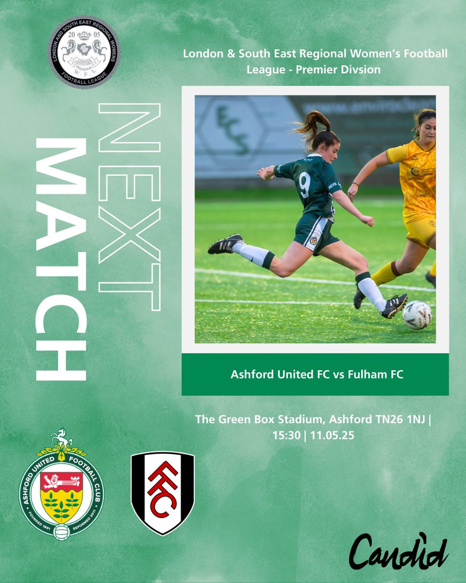 Ashford United Ladies FC (@ashfordladiesfc) on Twitter photo One last push๐
Our final game of the season this Sunday as we take on <a href="/FulhamFCWomen/">Fulham FC Women</a> at Home! We need your support now more than ever, help us to secure the point we need.
๐ <a href="/FulhamFCWomen/">Fulham FC Women</a>
๐ 15:30
๐Green Box Stadium (Homelands), TN26 1NJ
๐ ยฃ5 Adults | ยฃ3 Cons | ยฃ1 U18s One last push๐
Our final game of the season this Sunday as we take on <a href="/FulhamFCWomen/">Fulham FC Women</a> at Home! We need your support now more than ever, help us to secure the point we need.
๐ <a href="/FulhamFCWomen/">Fulham FC Women</a>
๐ 15:30
๐Green Box Stadium (Homelands), TN26 1NJ
๐ ยฃ5 Adults | ยฃ3 Cons | ยฃ1 U18s