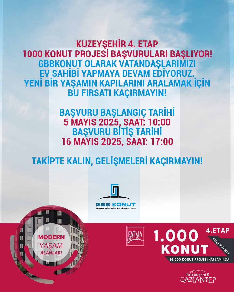 GBB Konut (@gbbkonut) on Twitter photo 4. Etap Kuzeyşehir 1000 Konut Projesi
Başvuruları Başlangıç Tarihi 5 Mayıs Saat 10:00 ve Başvuru Bitiş Tarihi 16 Mayıs Saat 17:00 dir. Vatandaşlarımıza duyurulur #gbbkonut #gaziantepbüyüksehirbelediyesi  #kuzeysehirgaziantep #gaziantep <a href="/GaziantepBeld/">Gaziantep Büyükşehir</a> <a href="/FatmaSahin/">Fatma Şahin</a> <a href="/mehmethaz/">Mehmet Haz</a> 4. Etap Kuzeyşehir 1000 Konut Projesi
Başvuruları Başlangıç Tarihi 5 Mayıs Saat 10:00 ve Başvuru Bitiş Tarihi 16 Mayıs Saat 17:00 dir. Vatandaşlarımıza duyurulur #gbbkonut #gaziantepbüyüksehirbelediyesi  #kuzeysehirgaziantep #gaziantep <a href="/GaziantepBeld/">Gaziantep Büyükşehir</a> <a href="/FatmaSahin/">Fatma Şahin</a> <a href="/mehmethaz/">Mehmet Haz</a>