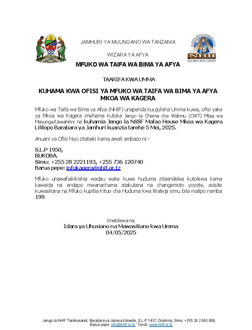 NHIF Tanzania (@nhiftz) on Twitter photo Kuhama kwa Ofisi ya NHIF Kagera.
<a href="/wizara_afyatz/">Wizara ya Afya Tanzania ๐น๐ฟ</a> @msemajimkuuwaserikali <a href="/bima_afyatz/">BIMA YA AFYA KWA WOTE ๐น๐ฟ</a>
#nhiftz #bima #uhakikawamatibabukwawote Kuhama kwa Ofisi ya NHIF Kagera.
<a href="/wizara_afyatz/">Wizara ya Afya Tanzania ๐น๐ฟ</a> @msemajimkuuwaserikali <a href="/bima_afyatz/">BIMA YA AFYA KWA WOTE ๐น๐ฟ</a>
#nhiftz #bima #uhakikawamatibabukwawote