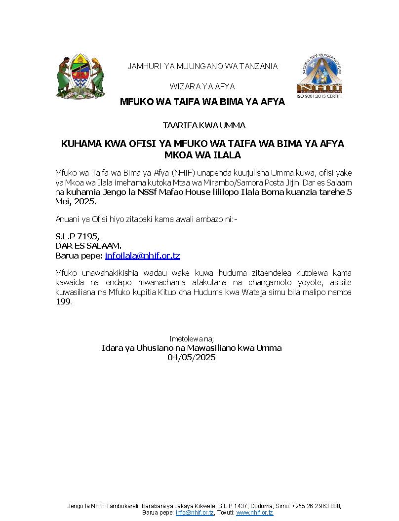 NHIF Tanzania (@nhiftz) on Twitter photo Kuhama kwa Ofisi ya NHIF Ilala.
<a href="/wizara_afyatz/">Wizara ya Afya Tanzania ๐น๐ฟ</a> @msemajimkuuwaserikali <a href="/bima_afyatz/">BIMA YA AFYA KWA WOTE ๐น๐ฟ</a>
#nhiftz #bima #uhakikawamatibabukwawote Kuhama kwa Ofisi ya NHIF Ilala.
<a href="/wizara_afyatz/">Wizara ya Afya Tanzania ๐น๐ฟ</a> @msemajimkuuwaserikali <a href="/bima_afyatz/">BIMA YA AFYA KWA WOTE ๐น๐ฟ</a>
#nhiftz #bima #uhakikawamatibabukwawote