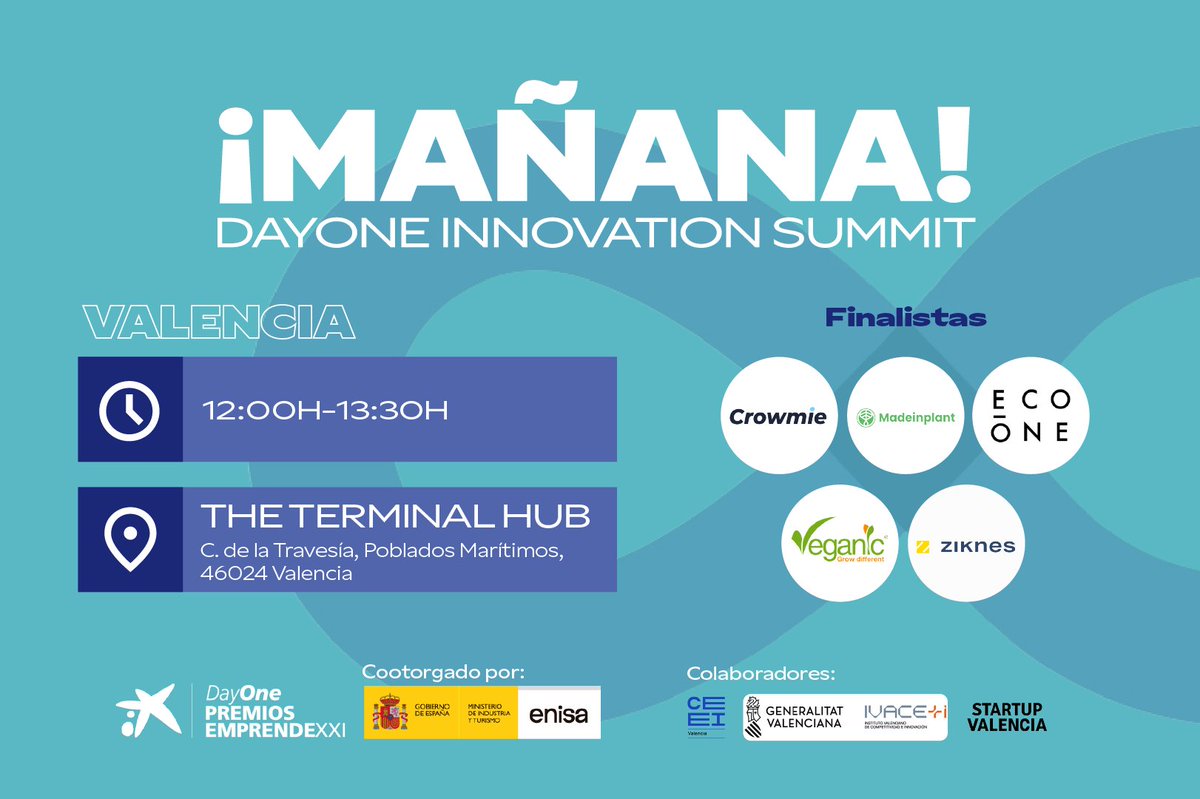 EmprendeXXI_'s tweet photo. 🚀 ¡Mañana el #DayOneInnovationSummit Valencia llega al THE TERMINAL HUB, donde conoceremos a la startup ganadora de la región! 🏆 Mucha suerte a los finalistas: @crowmie_es | #Madeinplant | @ecoonehotels | #Veganic | @ziknes_ https://t.co/Vpsev00IXa