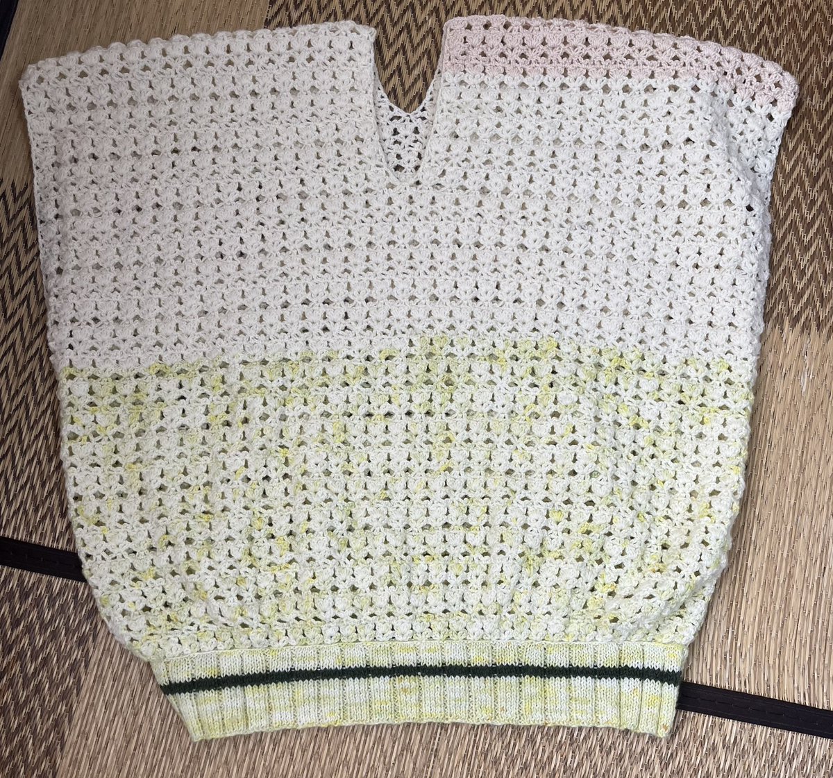 ベストできたー。
最後糸無くなって、ここだけのために買い足すのも尺でアシンメトリー♪とか言って済ませる雑さ😅