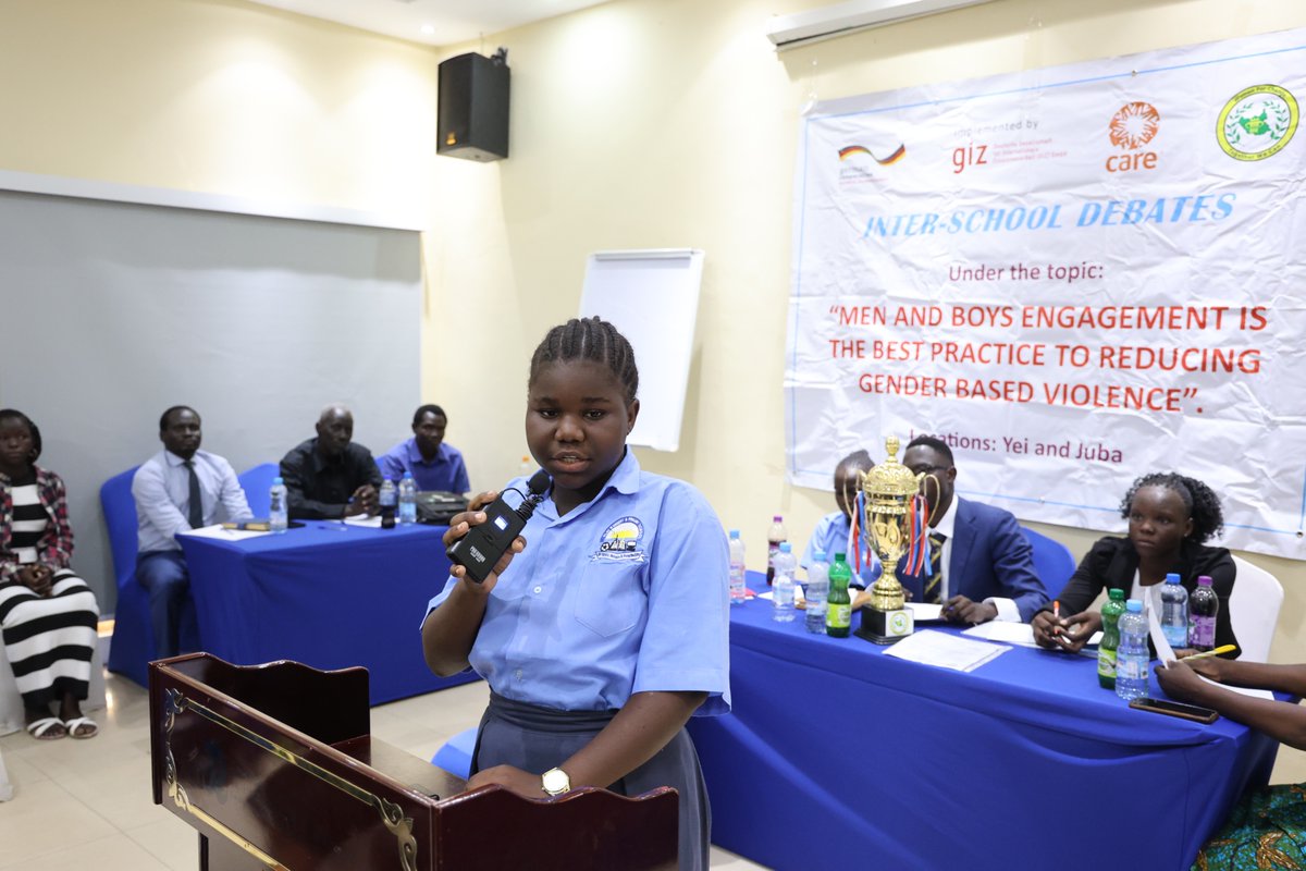 CareSouthSudan's tweet photo. 152 learners, teachers &amp; parents watched Don Bosco Primary edge Gudele West in the #InterSchoolDebate final in Luri Payam, Juba (24 Apr). Topic: “Engaging Men &amp; Boys is key to ending GBV.” Part of CARE &amp; Women for Change’s EMBiE project funded by @GIZ_SouthSudan 
 #EndGBV. https://t.co/xTHiQqBg67