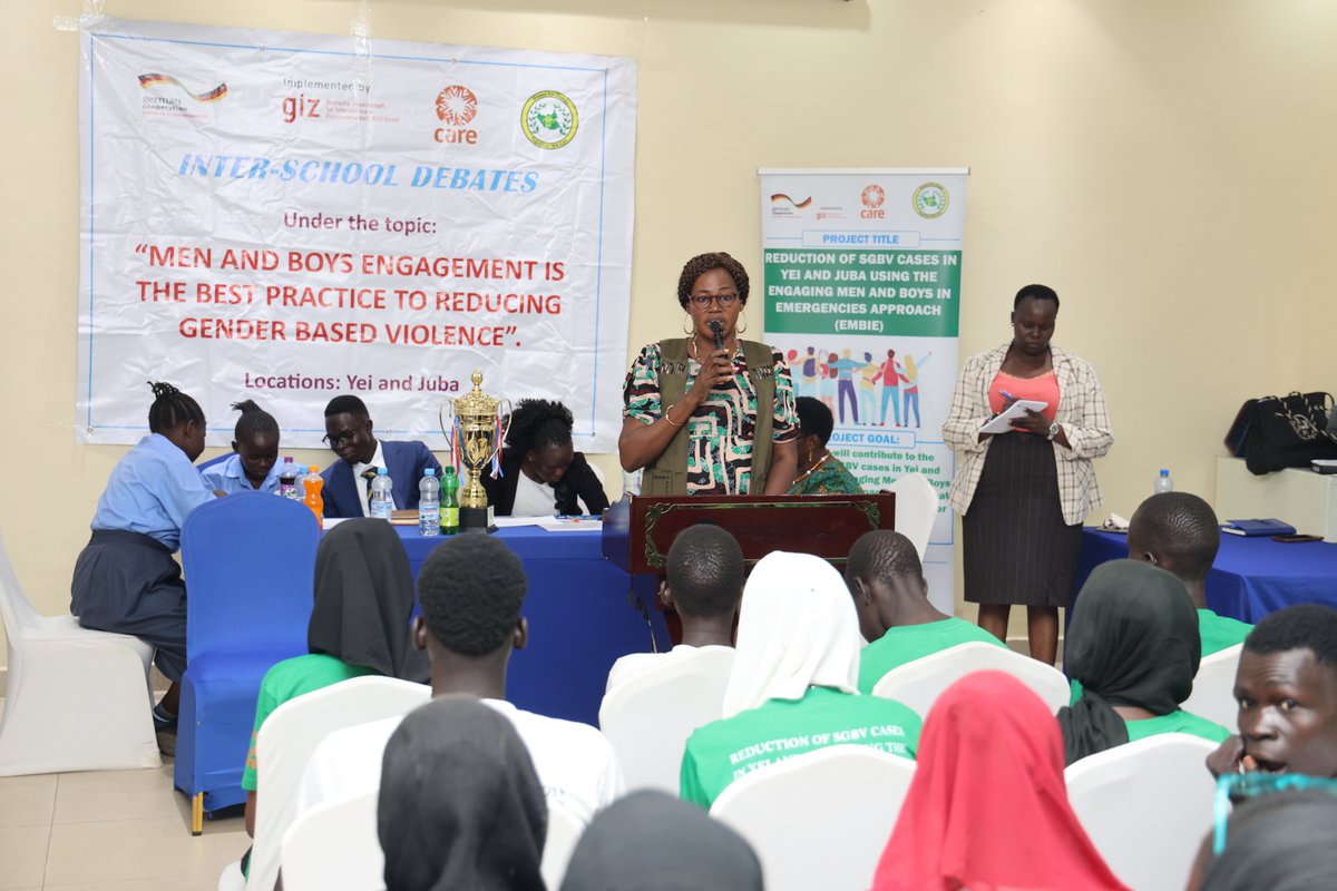 CareSouthSudan's tweet photo. 152 learners, teachers &amp; parents watched Don Bosco Primary edge Gudele West in the #InterSchoolDebate final in Luri Payam, Juba (24 Apr). Topic: “Engaging Men &amp; Boys is key to ending GBV.” Part of CARE &amp; Women for Change’s EMBiE project funded by @GIZ_SouthSudan 
 #EndGBV. https://t.co/xTHiQqBg67