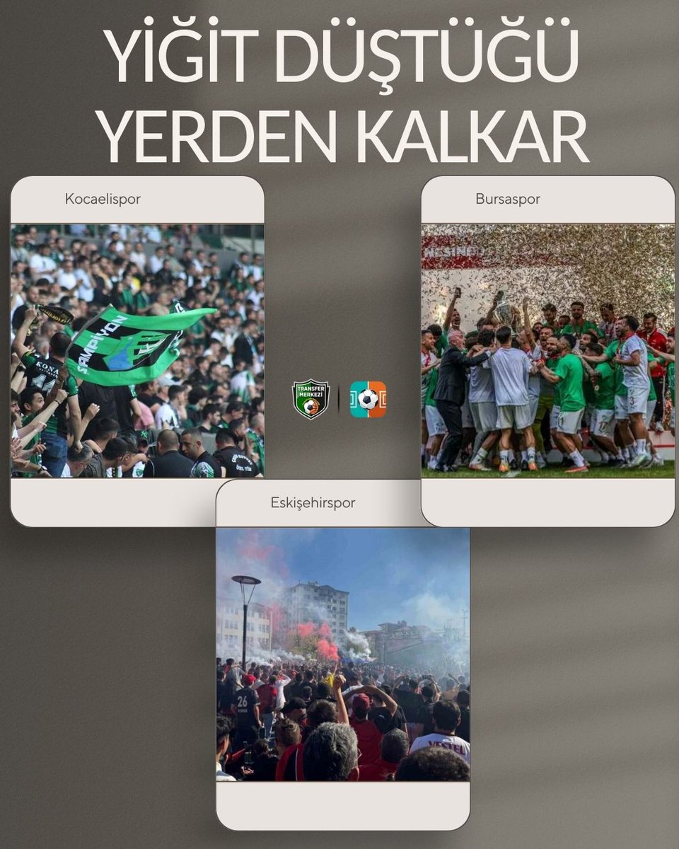 YİĞİT DÜŞTÜĞÜ YERDEN KALKAR!

İsim değiştirmeden, FK olmadan, önüne sonuna başka bir kelime-sayı getirmeden, eziyeti çeke çeke, küllerinden doğdular.

Daha güçlü daha sağlam geliyorlar.

Kocaelispor Süper Lig'e,
Bursaspor 2.Lig'e
Eskişehirspor 3.Lig'e yükseldi!