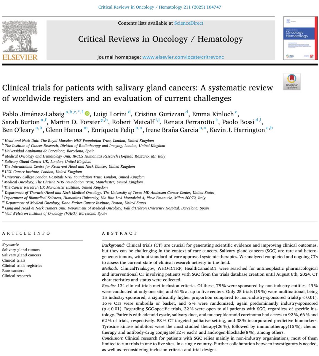 ‼️Our paper on clinical trials for patients with salivary gland cancers is now published! 
🙌80% funded by Academia. Need to attract pharma interest!
🟠50% unicenter, 80% single country. Need for ⬆️ collaboration!
🟠55% enrolled any type of histologies without stratification