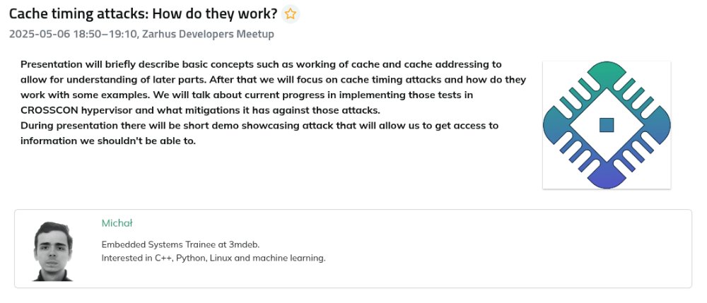 Zarhus_com's tweet image. Since @3mdeb_com is part of @crosscon_eu consortium, we had to ensure the CROSSCON hypervisor is resilient against some cache attacks thanks to its cache coloring feature. events.dasharo.com/event/4/zarhus…
