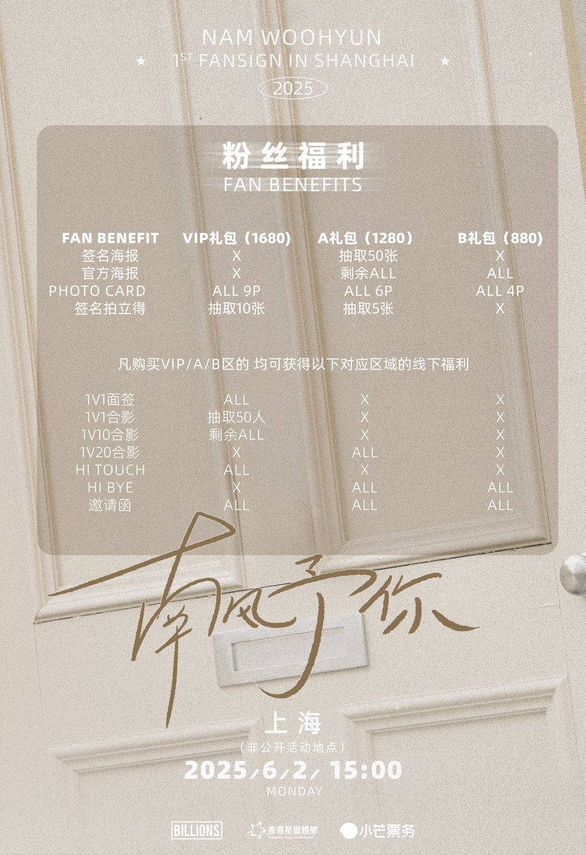 [INFO] INFINITE Woohyun "Woohyun's Breeze" Fansign (Shanghai) - Fan Benefits

Top to bottom:
- Signed poster
- Poster
- Photocards 
- Signed Polaroid
- 1:1 fansign
- 1:1 photo
- 1:10 group photo 
- 1:20 group photo
- Hi-touch
- Hi-bye
- Invitation

#인피니트 #우현 #남우현