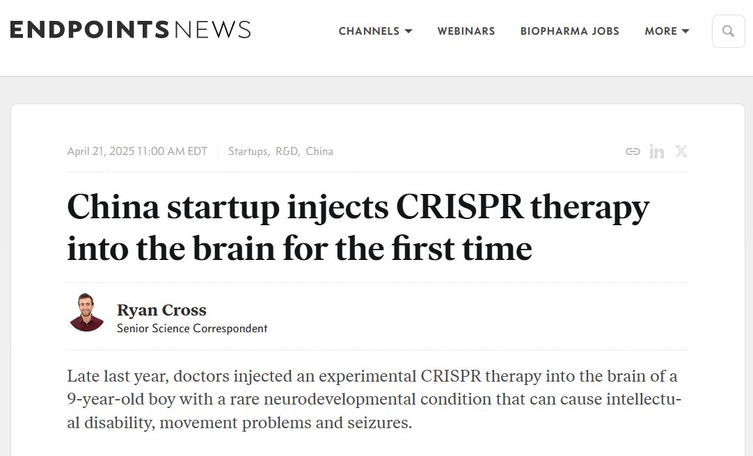 Chubby♨️ (@kimmonismus) on Twitter photo China startup injects CRISPR therapy into the brain for the first time
A groundbreaking clinical trial in China has, for the first time, involved injecting CRISPR gene-editing technology directly into a child's brain to treat a rare genetic disorder. 
This bold step marks China startup injects CRISPR therapy into the brain for the first time
A groundbreaking clinical trial in China has, for the first time, involved injecting CRISPR gene-editing technology directly into a child's brain to treat a rare genetic disorder. 
This bold step marks