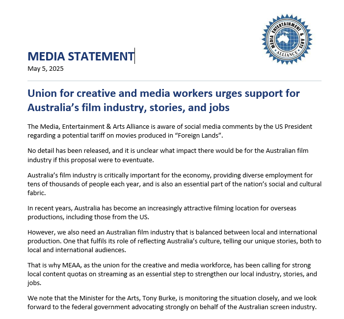 withMEAA's tweet photo. Media release: MEAA urges support for Australia’s film industry, stories, and jobs.
https://t.co/cR6PyKrDU7
#MEAAcrew #MEAAequity https://t.co/dxr0l3bstz