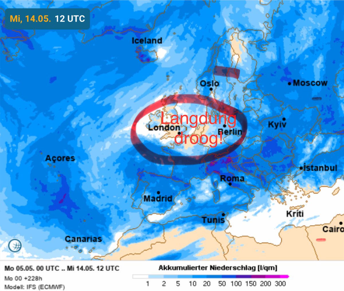 Opnieuw dat “droogte gat” boven ons land. Tot minimaal half mei amper een druppel regen! #droogte