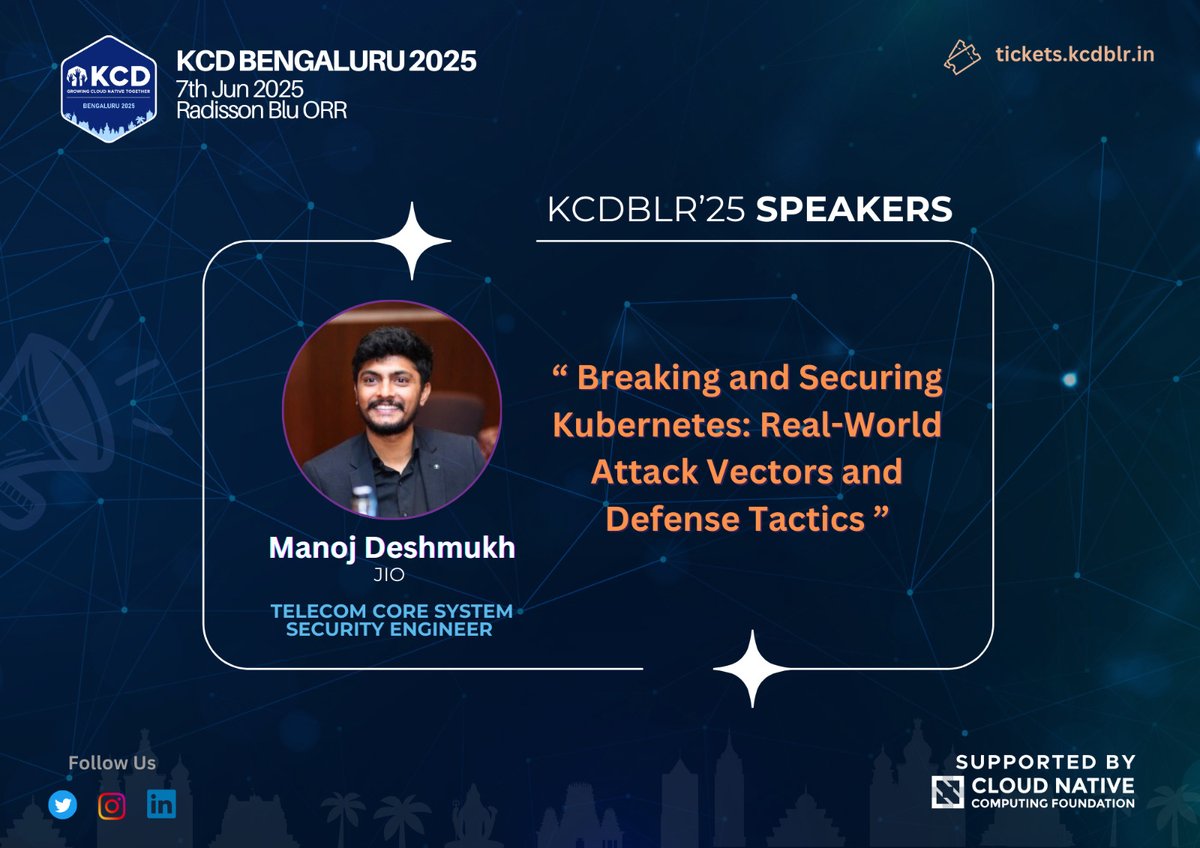 Get ready for a deep dive into the dark and defensive side of Kubernetes! 🛡️💥

At KCD Bengaluru, Manoj Deshmukh from Jio will take the stage with a gripping talk:
 “Breaking and Securing Kubernetes – Real-World Attack Vectors and Defense Tactics.”

This session is a hands-on
