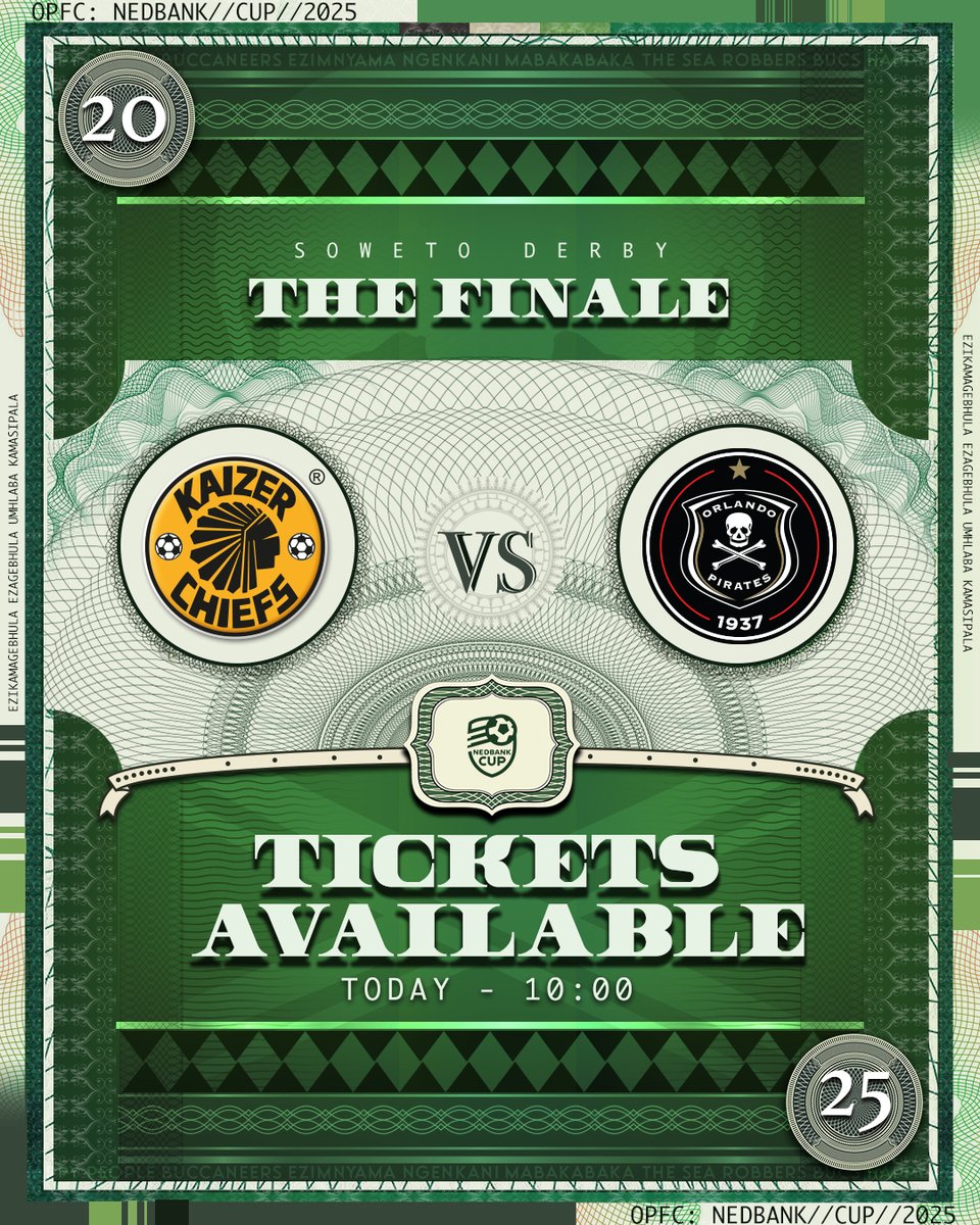 🚨 #NedbankCup Final Ticket 🎟️ Sale

☠️ Set your Alarm ⏰
🚨 30 minutes to go!
🎟️ 10:00 | opentickets.co.za
🏪 Shoprite Outlets Nationwide

⚫⚪🔴⭐
#OrlandoPirates
#OnceAlways