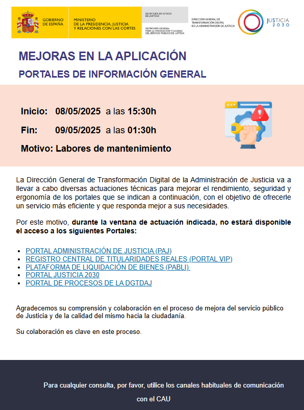 📢AVISO de labores de mejora en portales del <a href="/justiciagob/">Ministerio de la Presidencia, Justicia y R. Cortes</a>.
