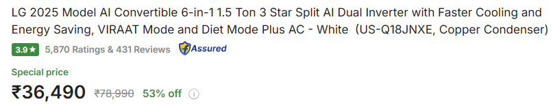 Aolbikash's tweet photo. @Flipkart @flipkartsupport STOP Fooling your customers,Showing something else and selling something Else, LG AC on their Website MRP ₹78990 With 53% Dis-36,490 , when Delivered Actual MRP - 27647, Much Lower than Selling Price, Web New 2025 Model, But - MFD 2024 @jagograhakjago https://t.co/C33eOhG66i