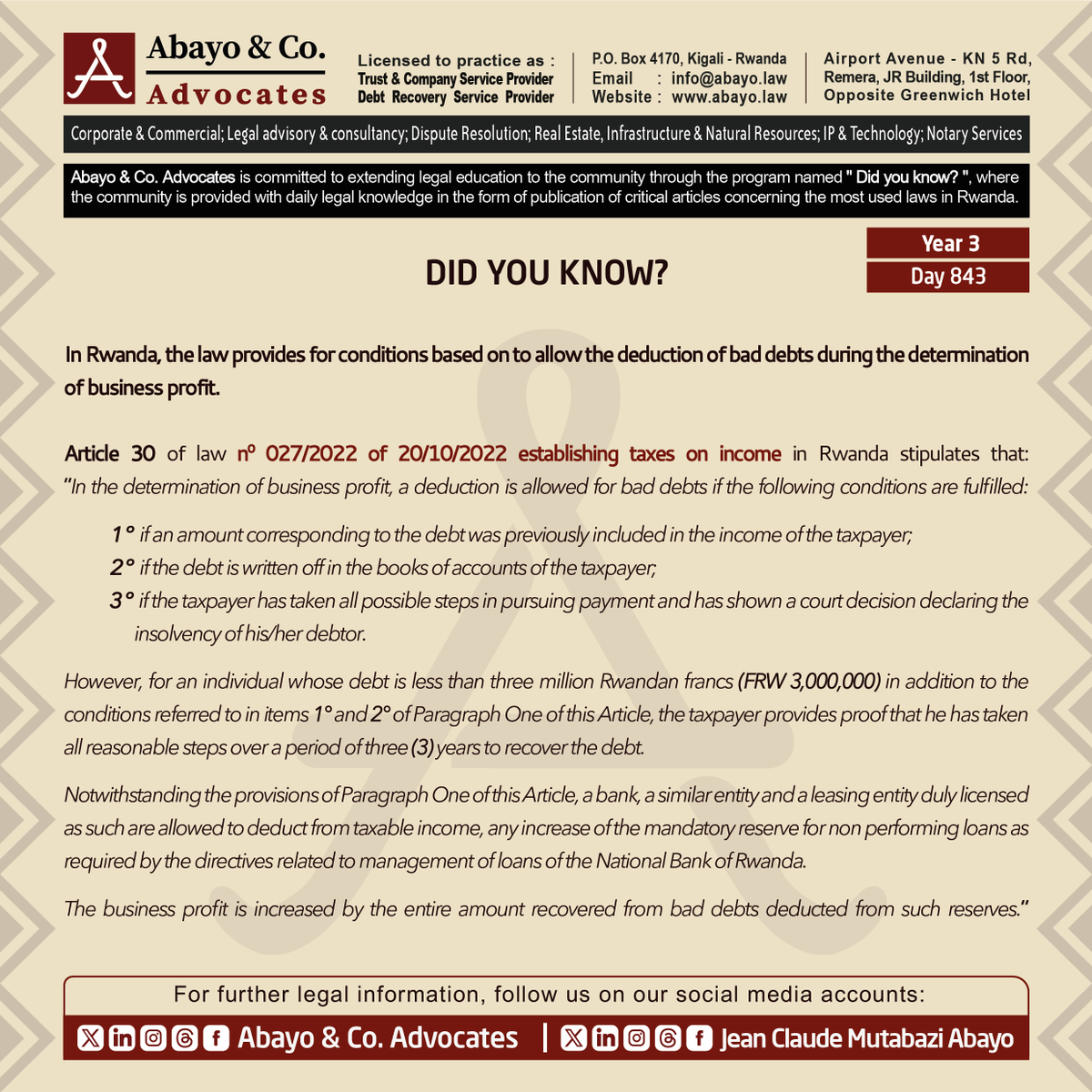◉  Are you aware of the conditions based on to allow the deduction of bad debts during the determination of business profit?

This is what the law provides ⤵️ 

#ReadtoKnowtheLaws #SomaUmenyeAmategeko #TumenyeAmategekoAtugenga #bestlawfirminrwanda #bestlawyersinrwanda