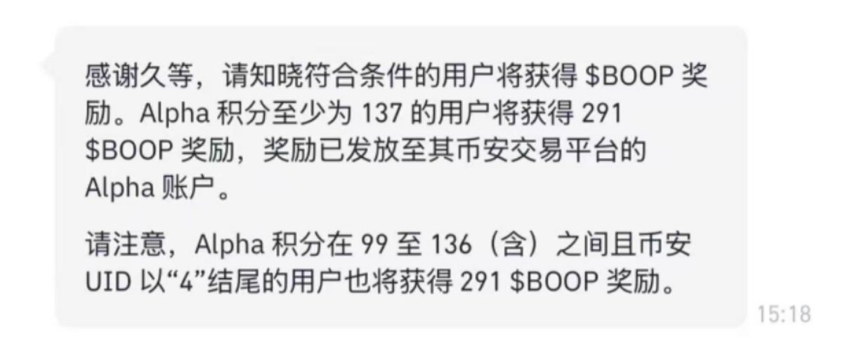 币安 alpha 又送钱啦，给了 100u 的 $Boop 空投。本来积分只有 120 没达到条件的，但是我的 uid 尾号是 4，体验了下天选之子的感觉！😆

不过这一期的门槛就得 137 了，7 号的打新得多高啊😲
#BinanceAlpha #airdrop