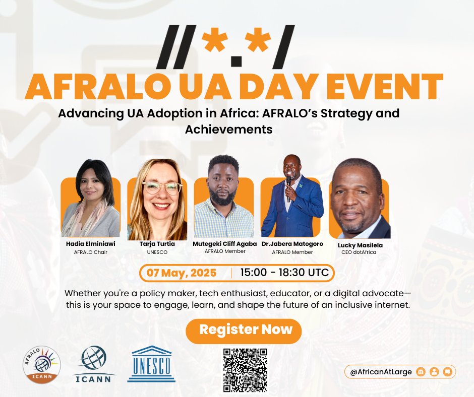 Mark your calendars for @AfricanatLarge's UA Day event "Advancing UA Adoption in Africa: AFRALO's Strategy &amp; Achievements" on 7 May from 15:00-18:30 UTC. Learn more here &gt;&gt; icann-community.atlassian.net/wiki/spaces/AF… #ICANN #Internet4All