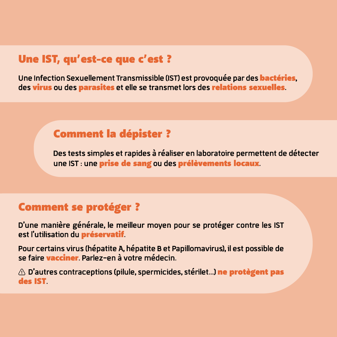 🧬 IST : se faire dépister, c’est se protéger et protéger les autres 🔬

➡️ Le dépistage est le seul moyen fiable de savoir si l’on est porteur d’une IST.
🔹 Sans avance de frais et sans ordonnance
🔹 Rapide et indolore
🔹 Essentiel pour une prise en charge efficace