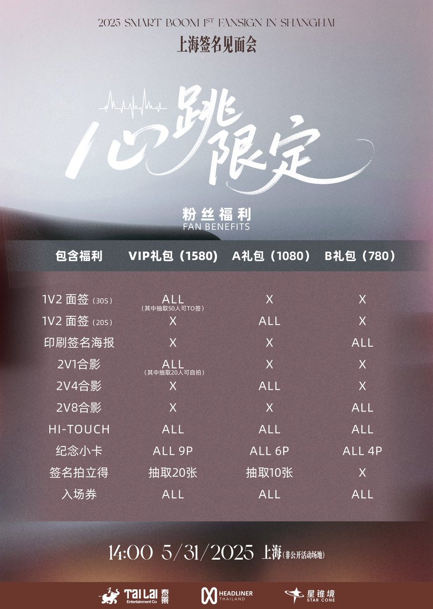 【2025 SMARTBOOM SHANGHAI FANSIGN】

💓 你的心跳，我们收到了！  
泰国人气演员 Smart Boom
即将空降上海，开启「心跳限定」粉丝签名会！  
✨ 近距离互动 ✨ 独家签名 ✨ 心跳回忆  
⏰ 活动时间：2025年5月31日  14:00
📍 活动地点：上海（非公开场地）
 
这一次，让我们的心跳同频共振❤

⏰