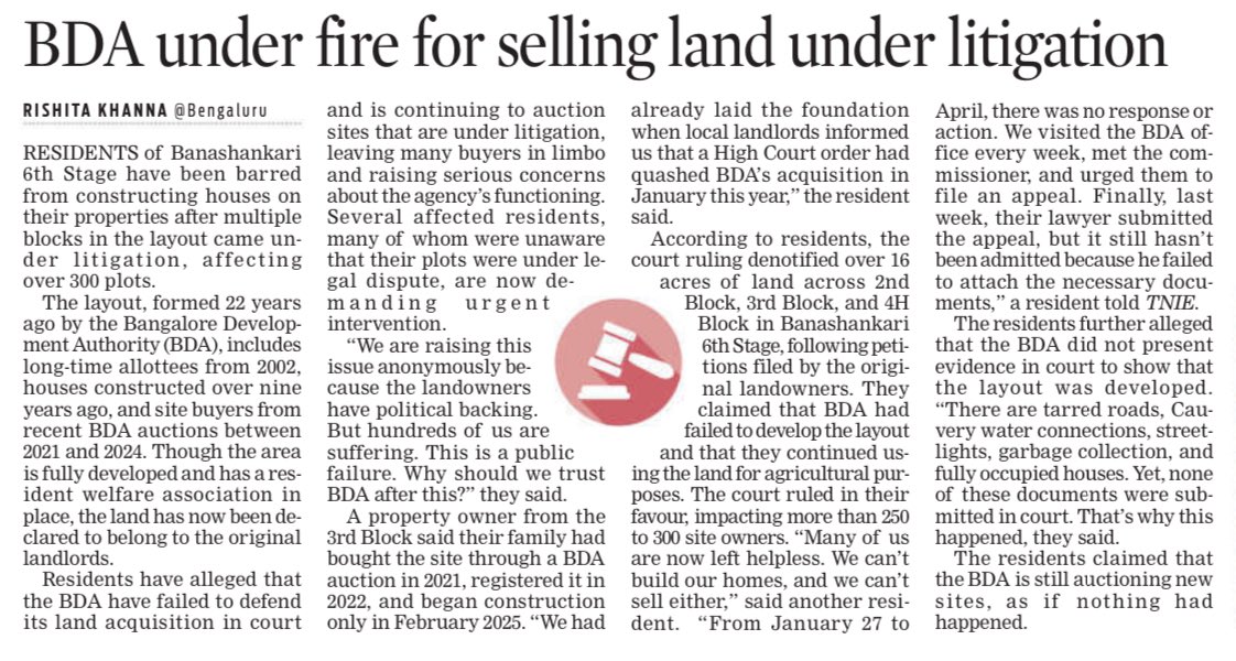 Rishita Khanna (@rishitaakhanna) on Twitter photo Over 300 plot owners in Banashankari have been barred from building homes at their sites as multiple blocks face litigation. While BDA layout was formed 22 years ago, the land is now claimed by original landlords
<a href="/XpressBengaluru/">TNIE Karnataka</a>
newindianexpress.com/amp/story/stat… Over 300 plot owners in Banashankari have been barred from building homes at their sites as multiple blocks face litigation. While BDA layout was formed 22 years ago, the land is now claimed by original landlords
<a href="/XpressBengaluru/">TNIE Karnataka</a>
newindianexpress.com/amp/story/stat…