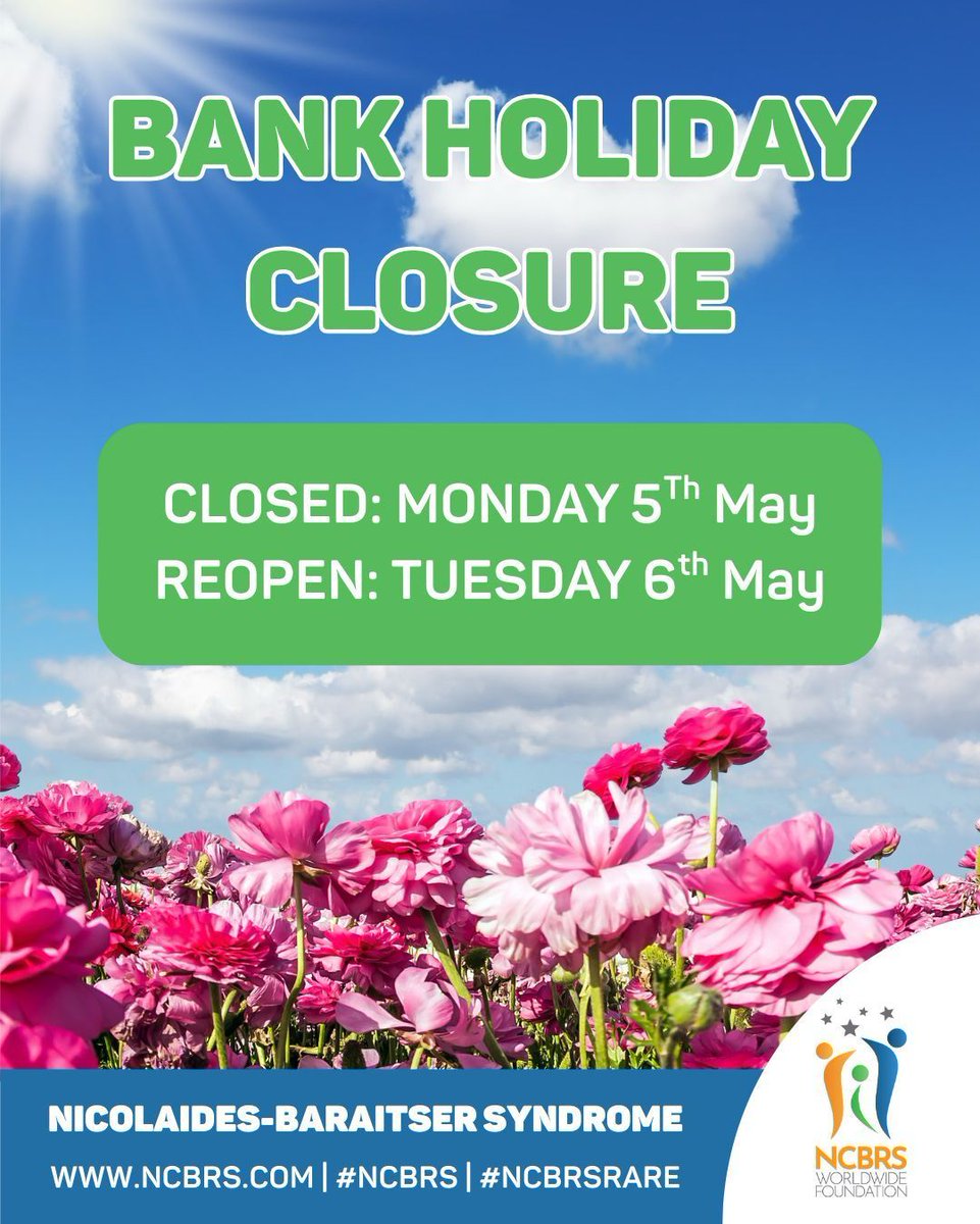 ncbrsfoundation's tweet image. The team at the @NCBRSFoundation is taking a well-deserved break over the early May bank holiday.
We will be closed from today, and we will reopen tomorrow. If you need to reach out to us email: contactus@ncbrs.com.
Wishing everyone a great bank holiday... #NCBRS #NCBRSRare