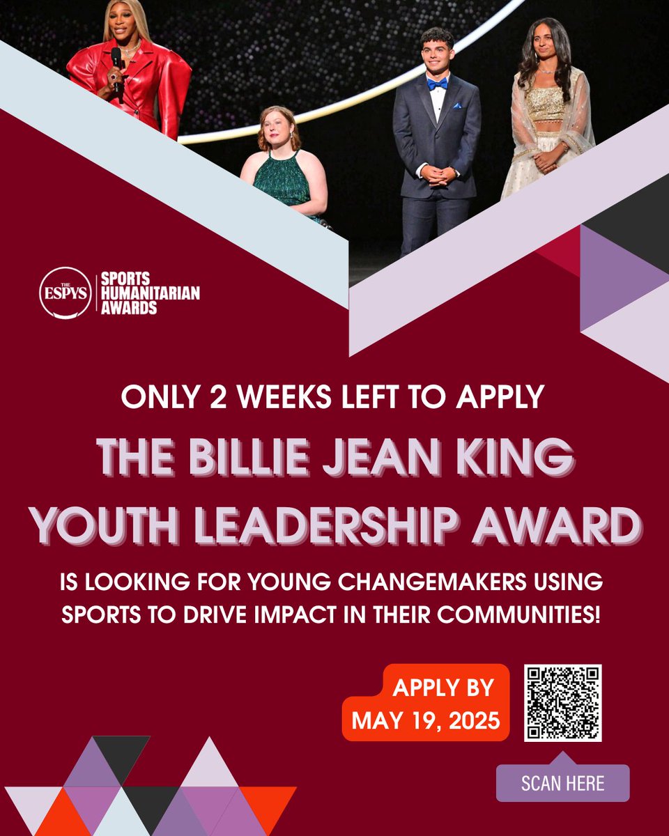 Beyond Sport (@beyondsport) on Twitter photo The Billie Jean King Youth Leadership Award is currently accepting applications! U.S. youth leaders using sport for social change can apply by May 19: bit.ly/42QbzPE
Register for our info & support session on May 8 to get started bit.ly/3Gs6s0y
<a href="/BJK_Foundation/">Billie Jean King Foundation</a> The Billie Jean King Youth Leadership Award is currently accepting applications! U.S. youth leaders using sport for social change can apply by May 19: bit.ly/42QbzPE
Register for our info & support session on May 8 to get started bit.ly/3Gs6s0y
<a href="/BJK_Foundation/">Billie Jean King Foundation</a>