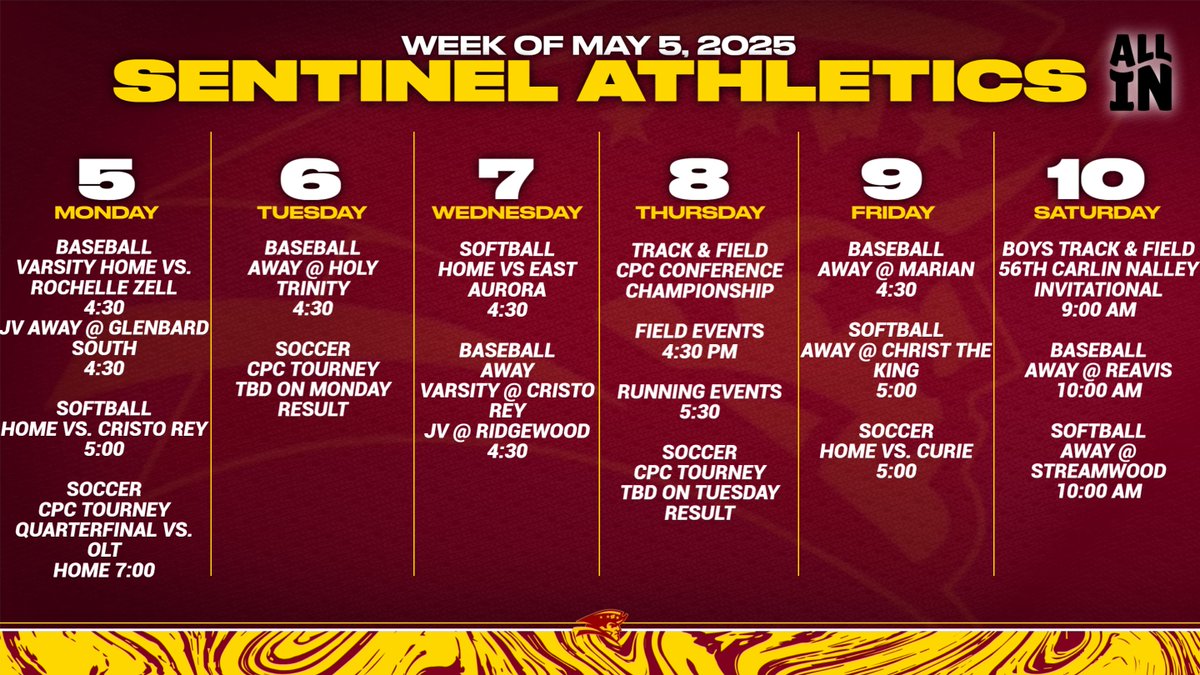The week ahead in Sentinel Athletics! Soccer hosts CPC Conference Tournament quarterfinals tonight and Track hosts the CPC Conference Meet on Thursday! Come watch your Sentinels in championship season!