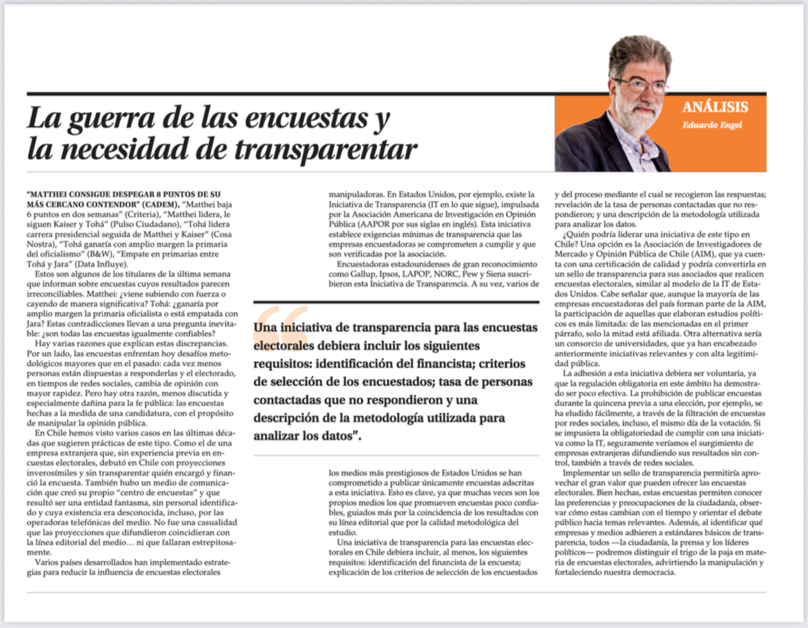 Buen columna de Eduardo Engel sobre la falta de transparencia de las encuestas políticas.