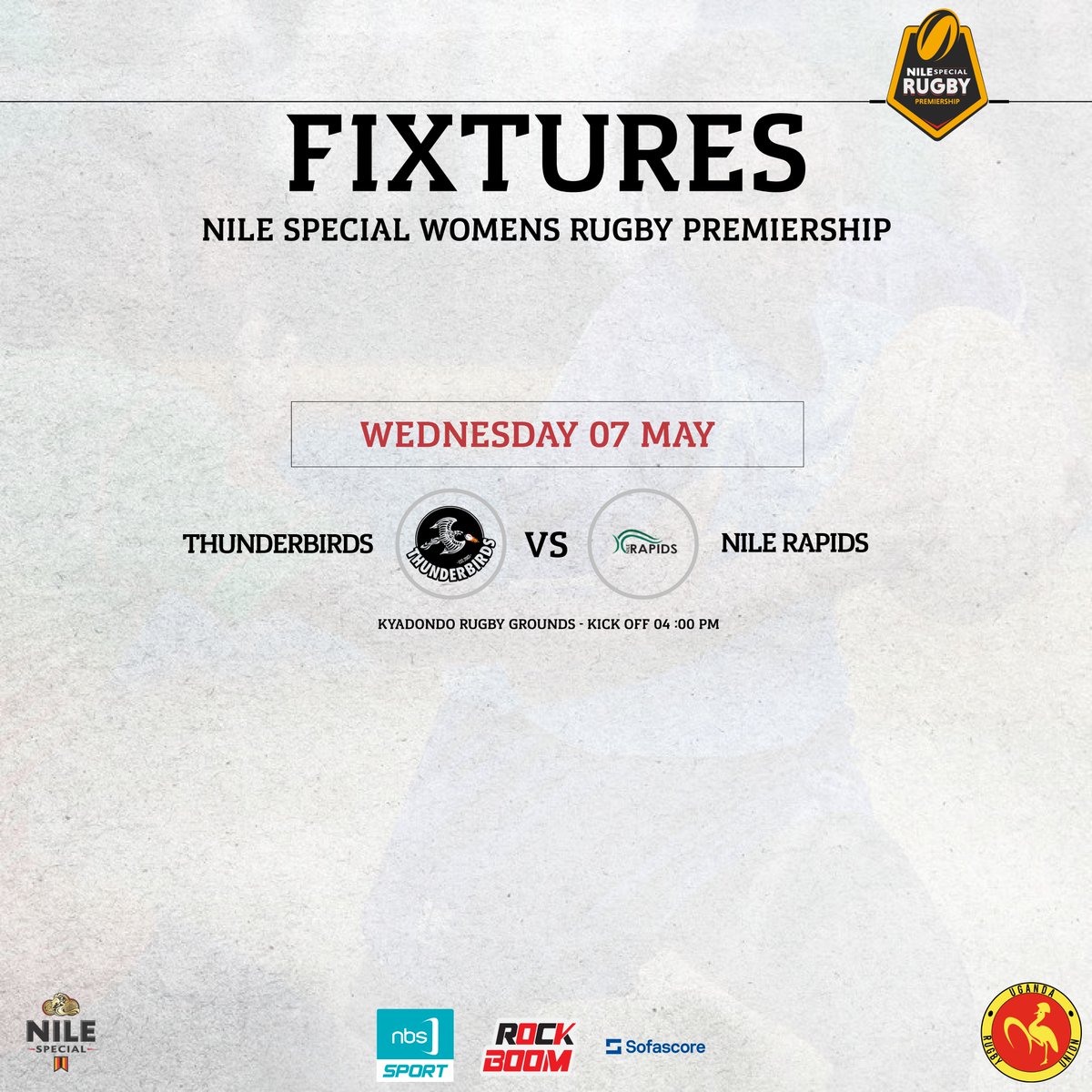 Uganda Rugby Premiership (@rugbypremierug) on Twitter photo ππ’ππ°πππ€ πππππ‘ ππ₯ππ«π!
<a href="/Thunderbirdsrug/">Thunderbirds Rugby Club</a> host @NileRapidsRFCin a midweek showdown this Wednesday, May 7th.
π<a href="/Kyadondo_Rugby/">Kyadondo Rugby Football Club</a> Grounds
β²οΈ 04:00 PM
#UgandaRugby #NileSpecialRugby #RugbyPremiershipUG #EnergizeyourGame ππ’ππ°πππ€ πππππ‘ ππ₯ππ«π!
<a href="/Thunderbirdsrug/">Thunderbirds Rugby Club</a> host @NileRapidsRFCin a midweek showdown this Wednesday, May 7th.
π<a href="/Kyadondo_Rugby/">Kyadondo Rugby Football Club</a> Grounds
β²οΈ 04:00 PM
#UgandaRugby #NileSpecialRugby #RugbyPremiershipUG #EnergizeyourGame