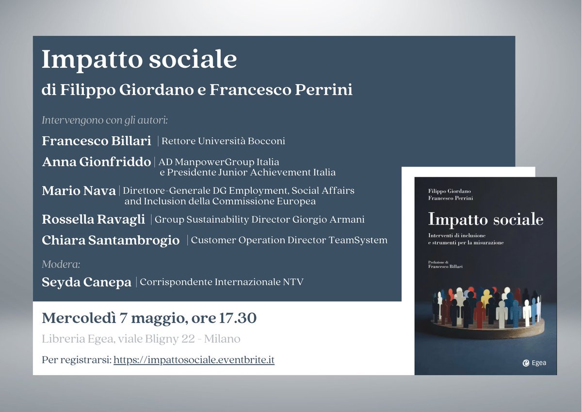 Egea (@egeaonline) on Twitter photo Impatto sociale… in libreria!
<a href="/GiordanoFilippo/">Filippo Giordano</a> e <a href="/FPerrini1/">Francesco Perrini</a> condividono una guida per operatori che desiderino stimare rigorosamente il cambiamento generato da azioni che sono, per loro natura, difficilmente misurabili.
Il 7/5 in libreria Egea, a #Milano: tinyurl.com/ImpattoSociale… Impatto sociale… in libreria!
<a href="/GiordanoFilippo/">Filippo Giordano</a> e <a href="/FPerrini1/">Francesco Perrini</a> condividono una guida per operatori che desiderino stimare rigorosamente il cambiamento generato da azioni che sono, per loro natura, difficilmente misurabili.
Il 7/5 in libreria Egea, a #Milano: tinyurl.com/ImpattoSociale…