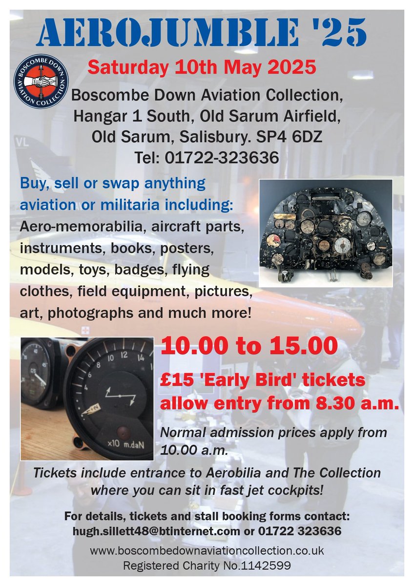 BDACatOldSarum's tweet image. Not forgetting that next Saturday, 10th May our ever-growing Aerojumble is happening! Early bird tickets available allow entry from 08:30, otherwise standard entry from 10:00 applies. Lots of vendors will be in attendance!