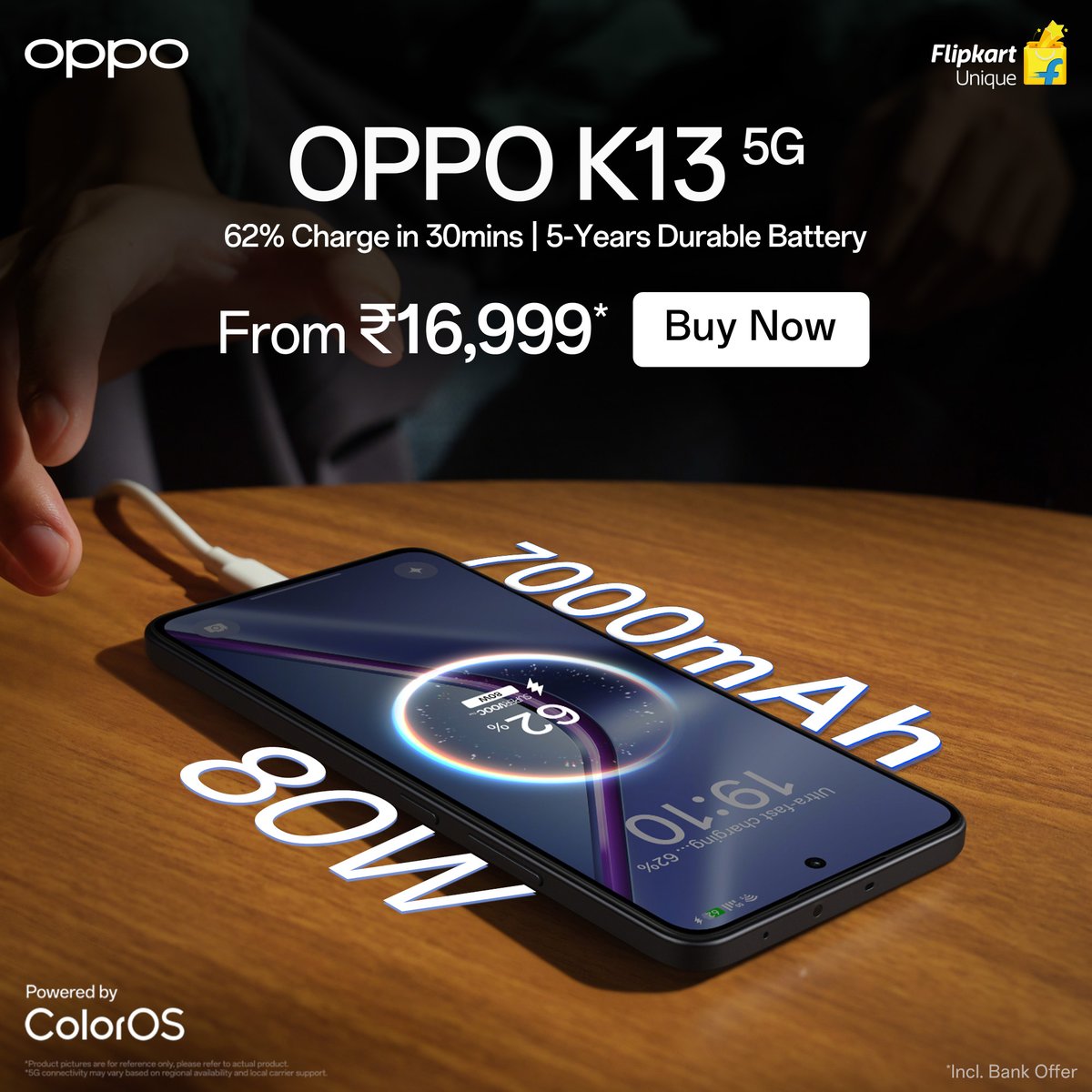 7000mAh beast. 62% in 30 mins. Starting at just ₹16,999.
Power up without slowing down — #OPPOK13 is here.

#OPphone #LiveUnstoppable 

Buy now: rb.gy/xv9jn7